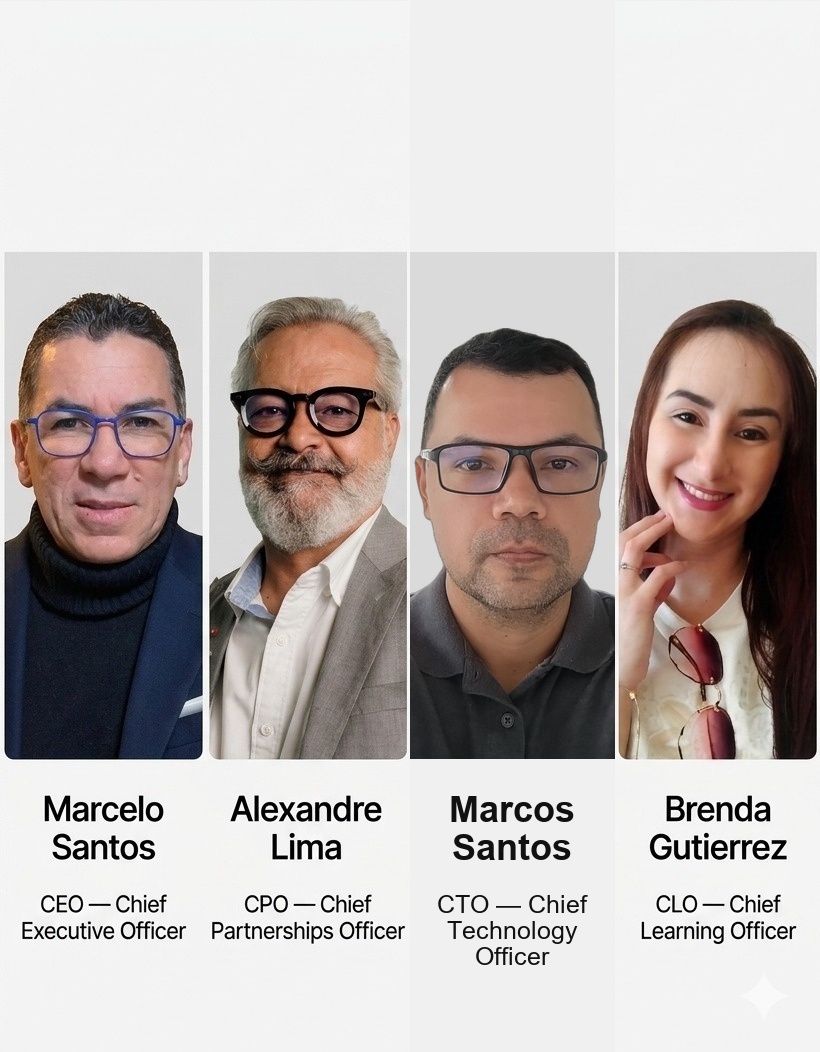 Equipe Agenda Kids Lion School: Marcelo Santos (CEO), Alexandre Lima (CPO), Marcos Santos (CTO) e Brenda Gutierrez (CLO)