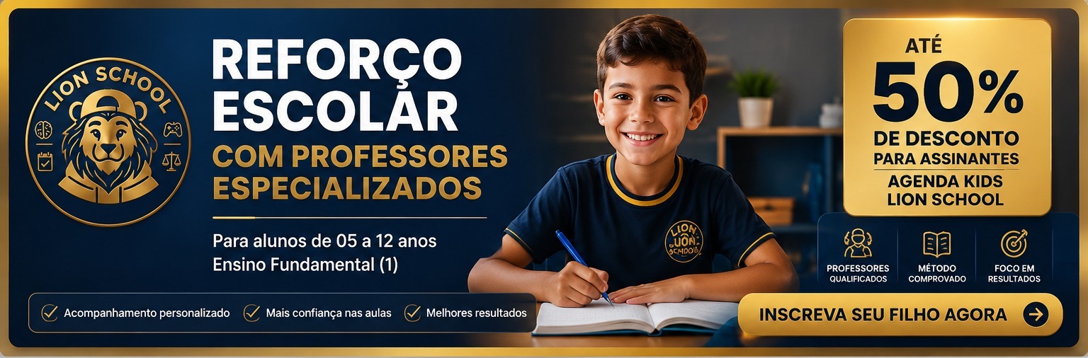 Reforço Escolar com professores especializados — até 50% de desconto para assinantes Agenda Kids Lion School
