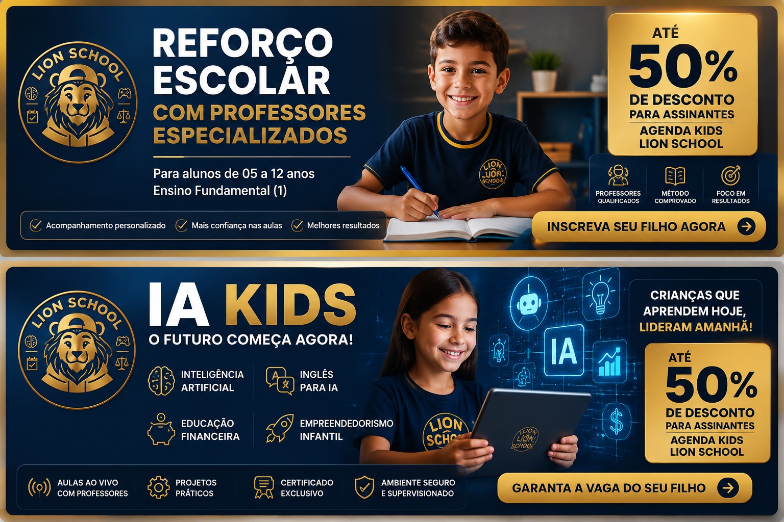 Reforço Escolar e IA Kids com professores especializados — até 50% de desconto para assinantes Agenda Kids Lion School
